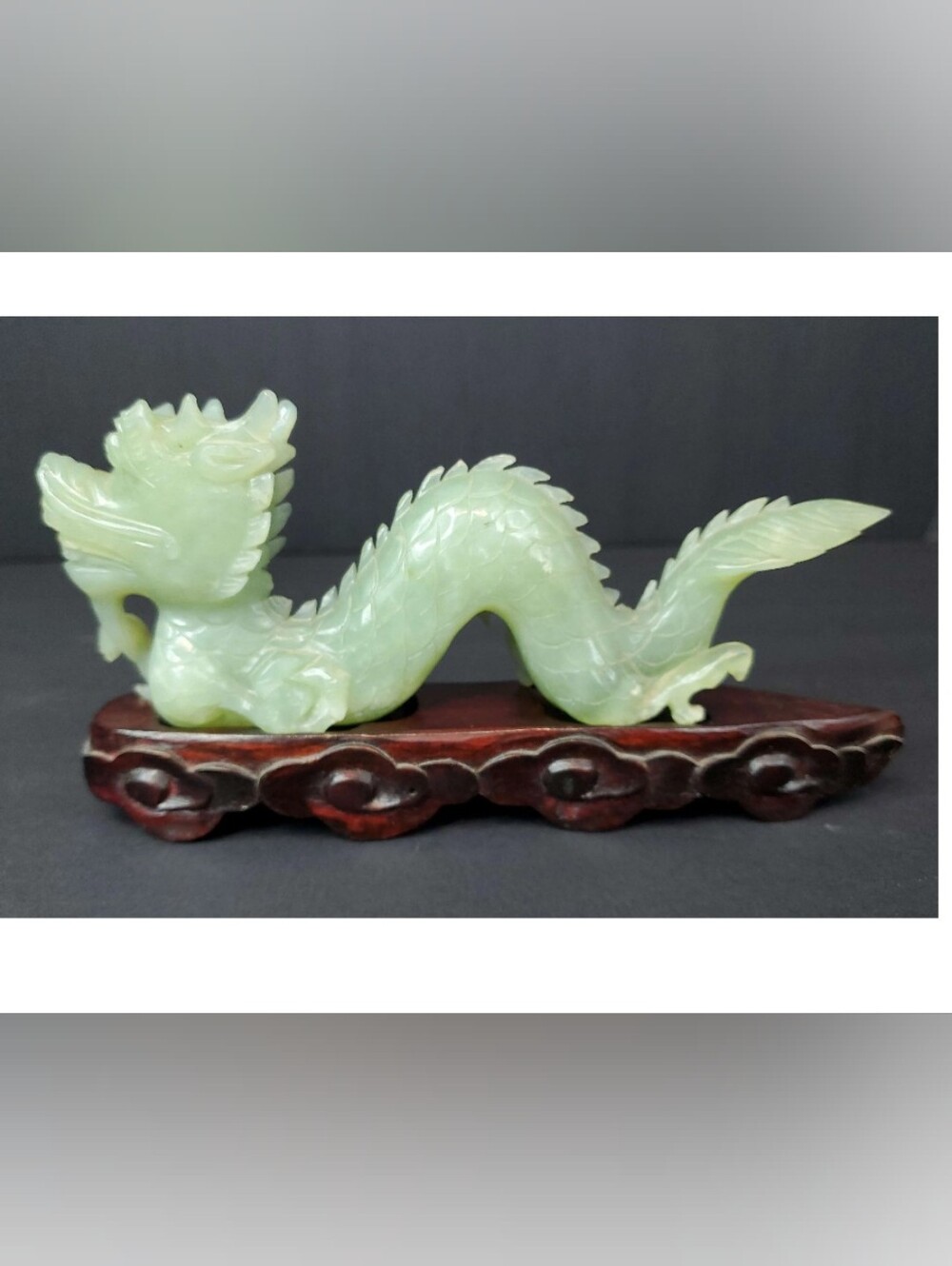 Carved Green Serpentine Jade Dragon Figurine Statue with Wooden Base - Picture 3 of 16